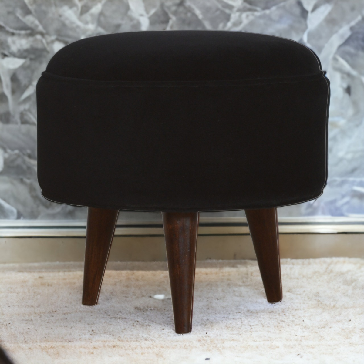 Solid Mango Wood Black Velvet Nordic Style Footstool - Image 3