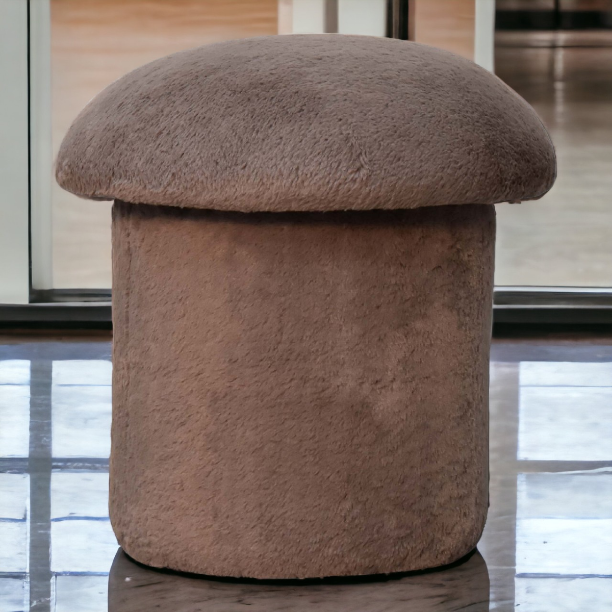 Solid Mango Wood Mocha Faux Fur Mushroom Footstool - Image 3