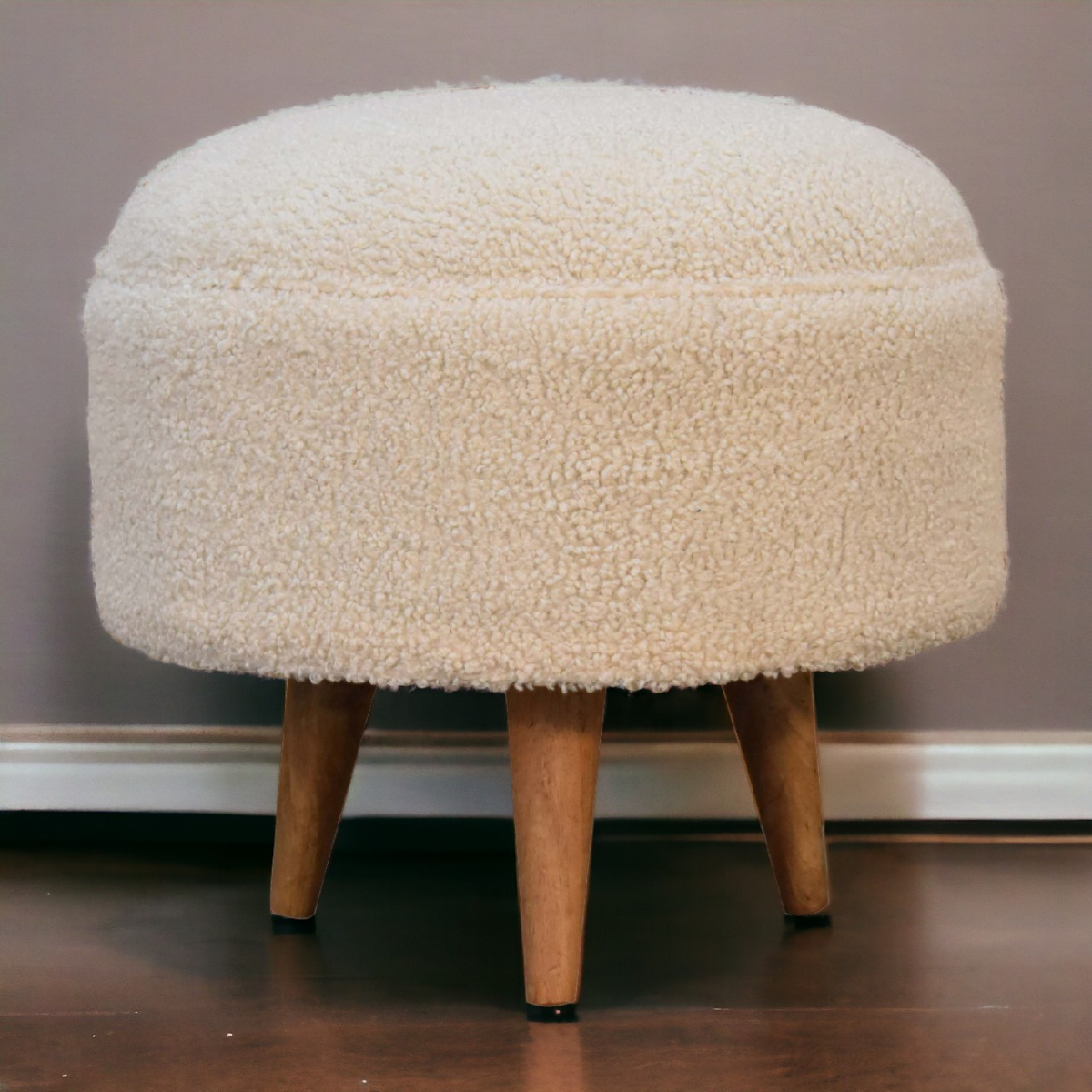 Solid Mango Wood Cream Boucle Rounded Footstool - Image 3