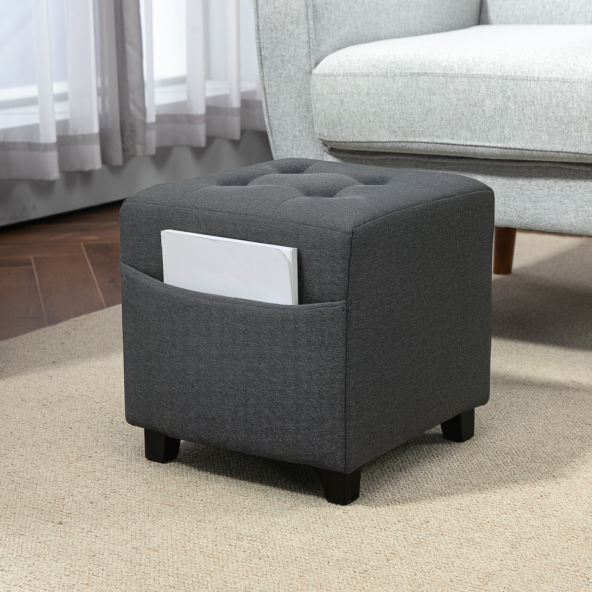Small Footstool Square Ottoman with Padded Seat for Living Room Grey - Image 2
