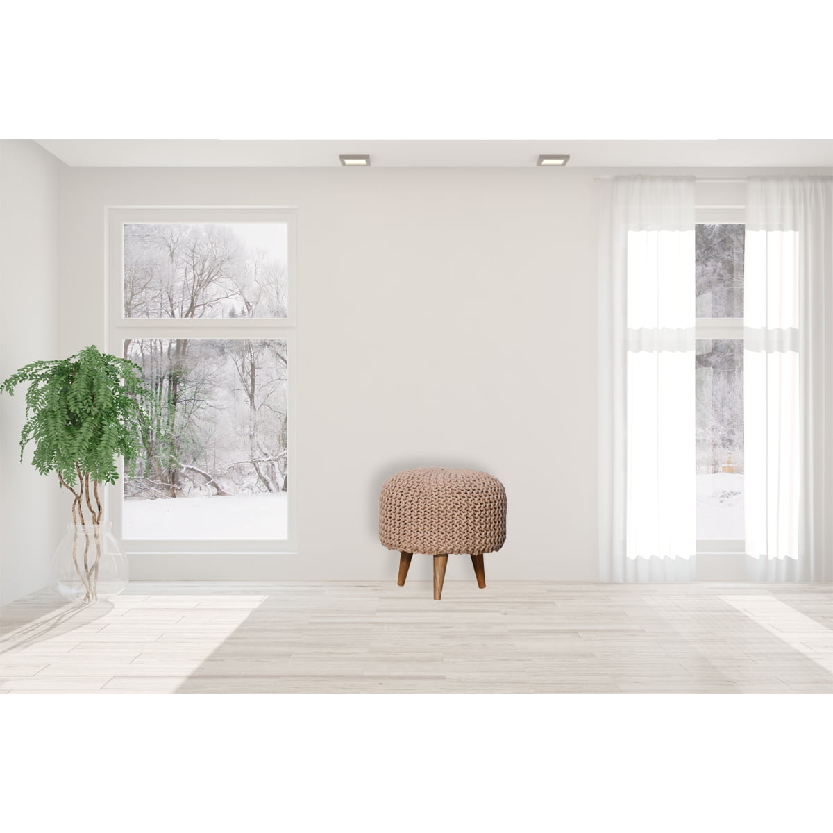 Solid Mango Wood Keeva Beige Round Footstool - Image 3