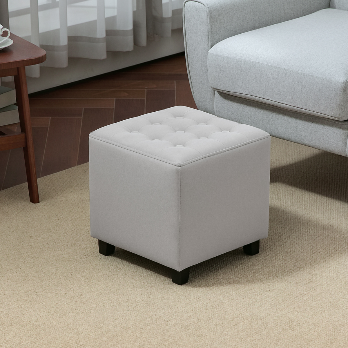 Square Footstool Small Ottoman w/ Wood Legs for Bedroom Light Grey - Image 2