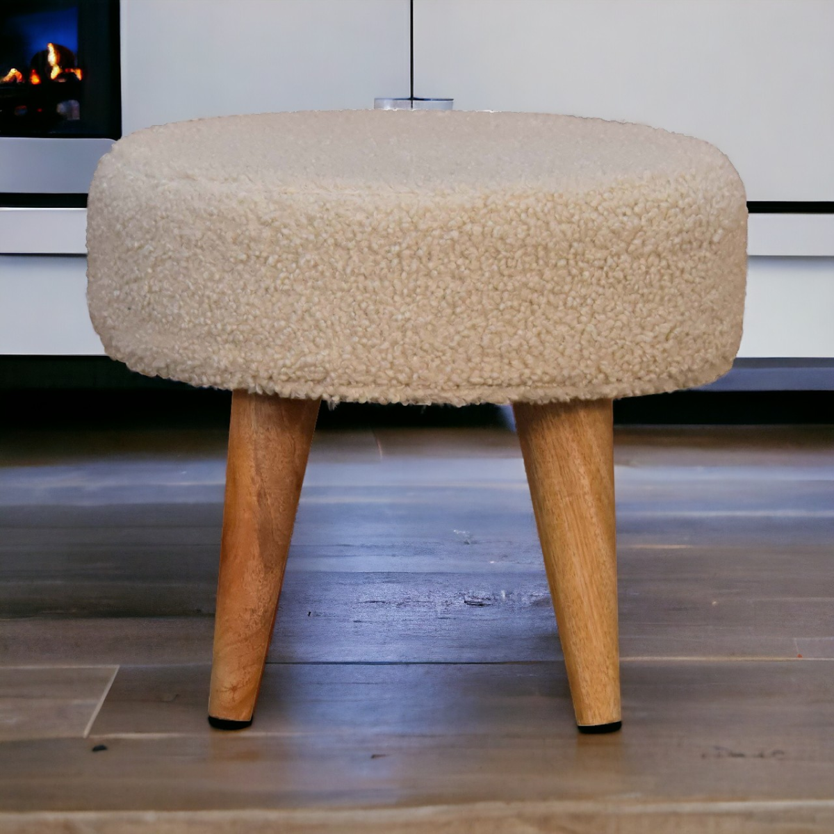 Solid Mango Wood Cream Boucle Petite Footstool - Image 3