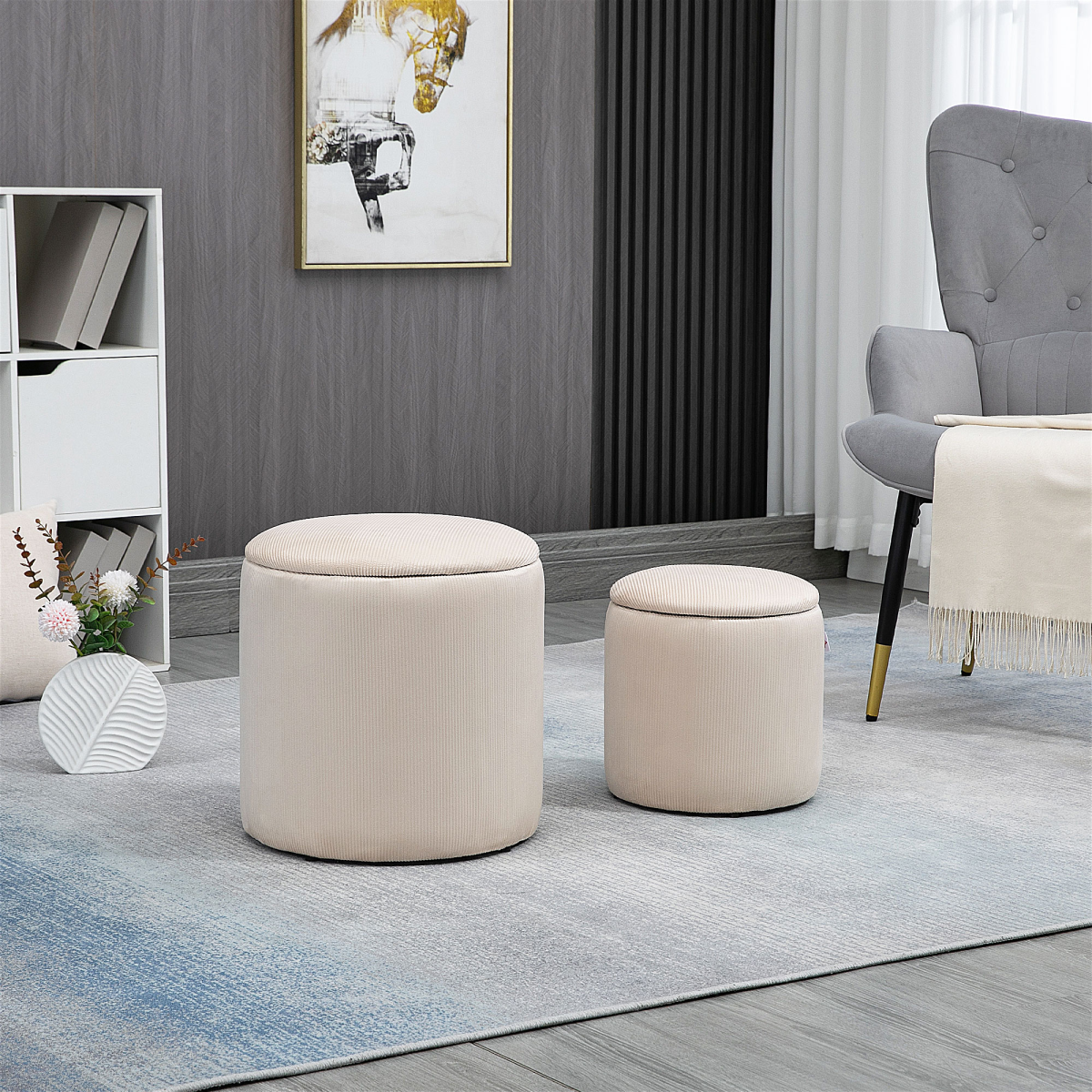 Modern Fabric Storage Ottoman with Removable Lid, Set of 2, Cream White - Image 2