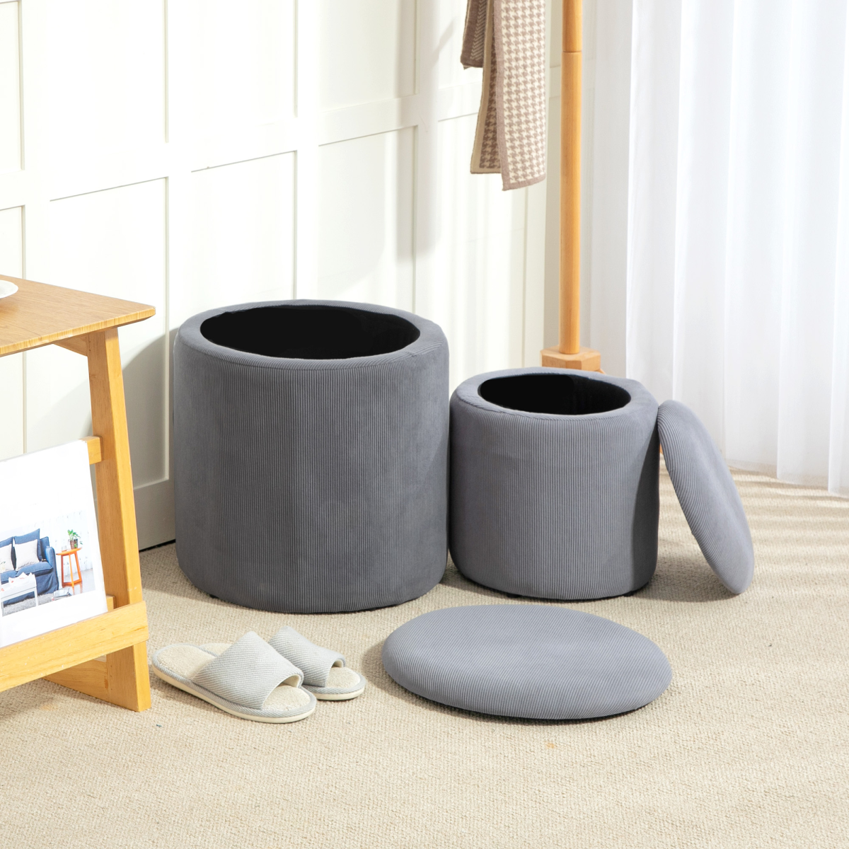 Fabric Storage Ottoman with Removable Lid, Set of 2, Light Grey - Image 2