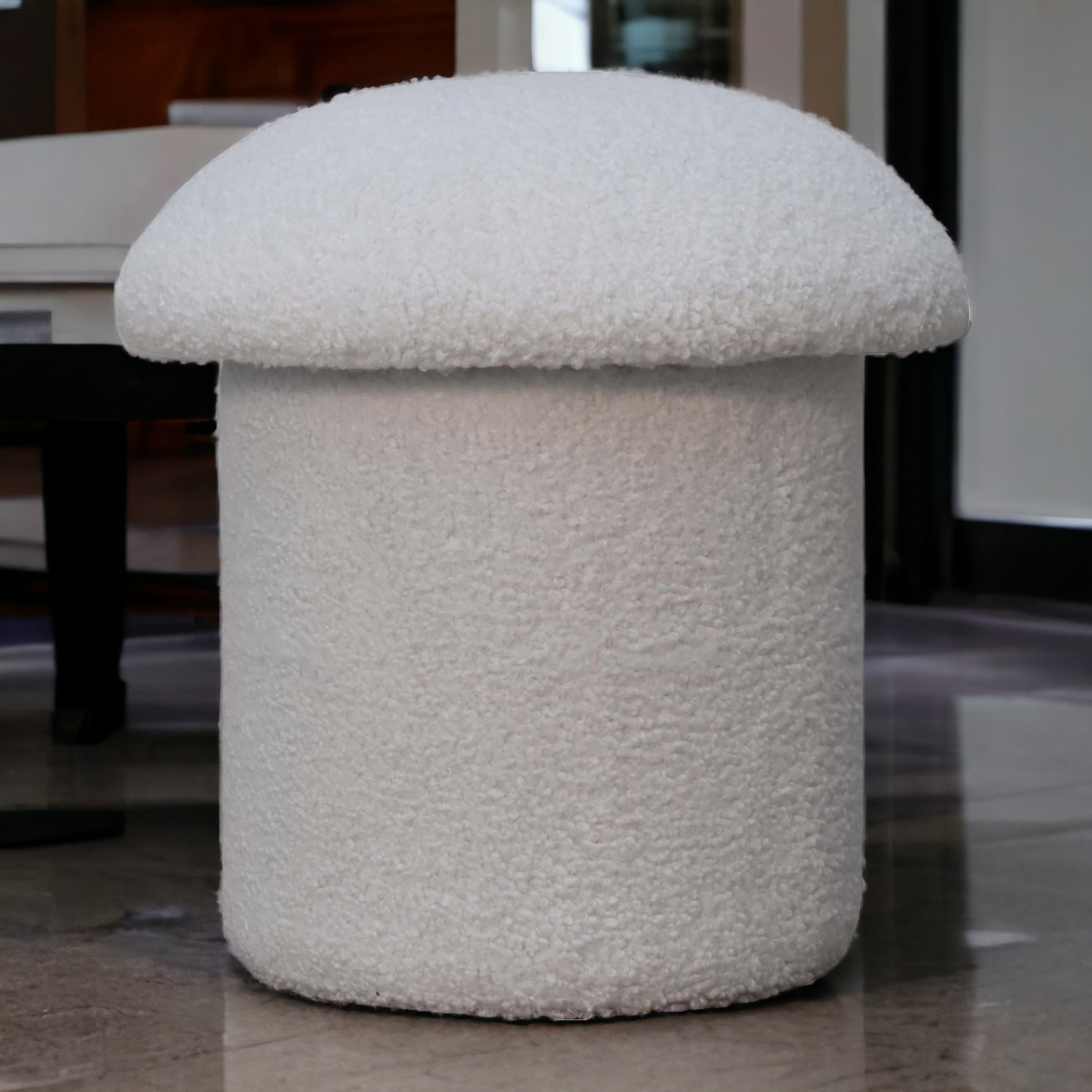 Solid Mango Wood White Boucle Mushroom Footstool - Image 3