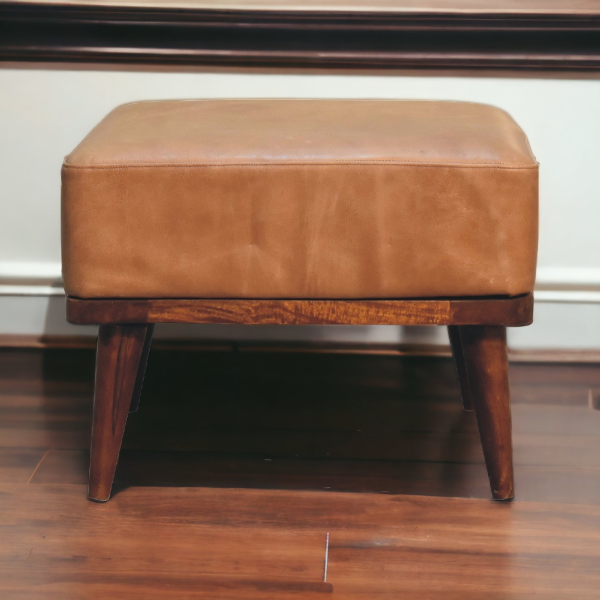 Solid Mango Wood Tan Buffalo Leather Tan Footstool - Image 3