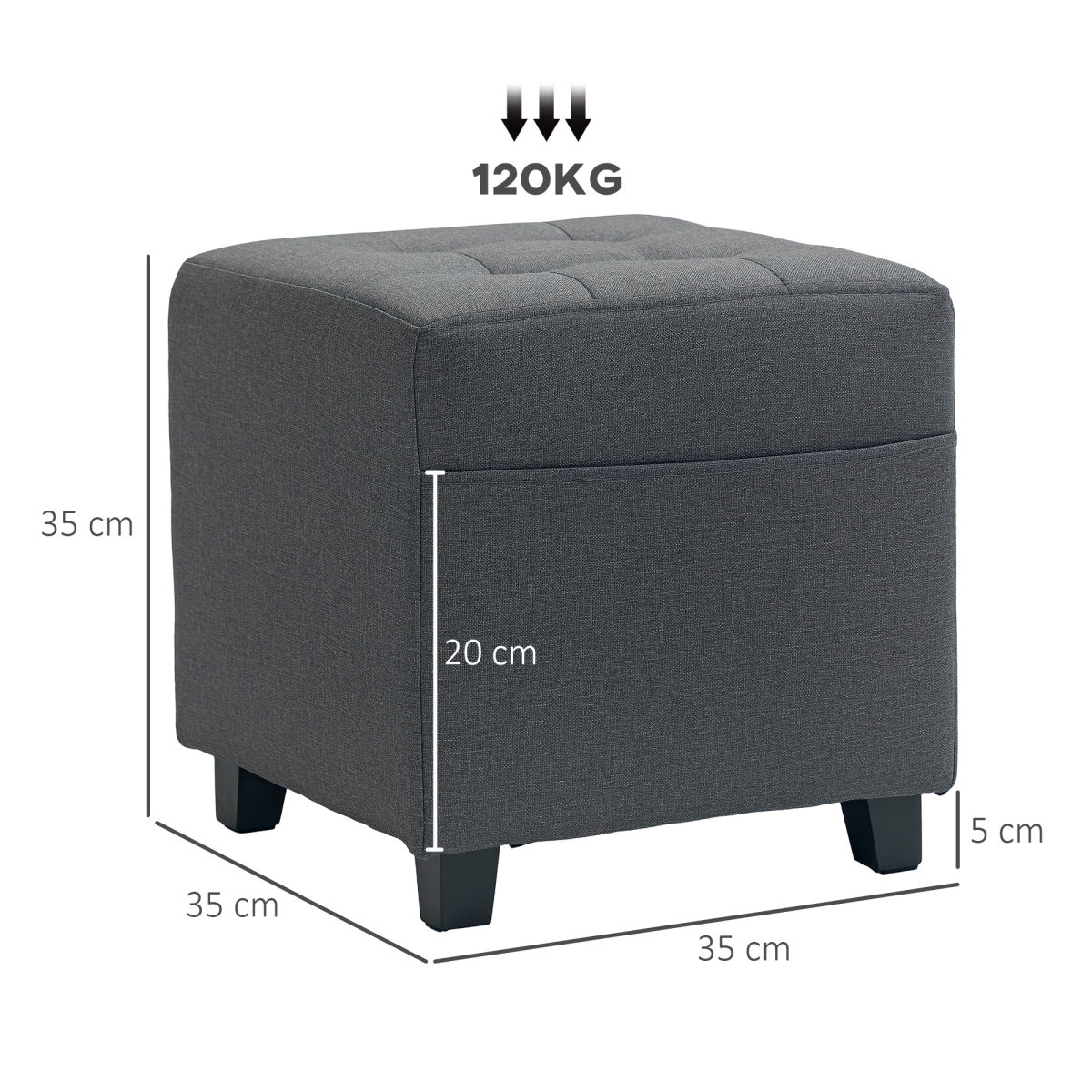 Small Footstool Square Ottoman with Padded Seat for Living Room Grey - Image 3