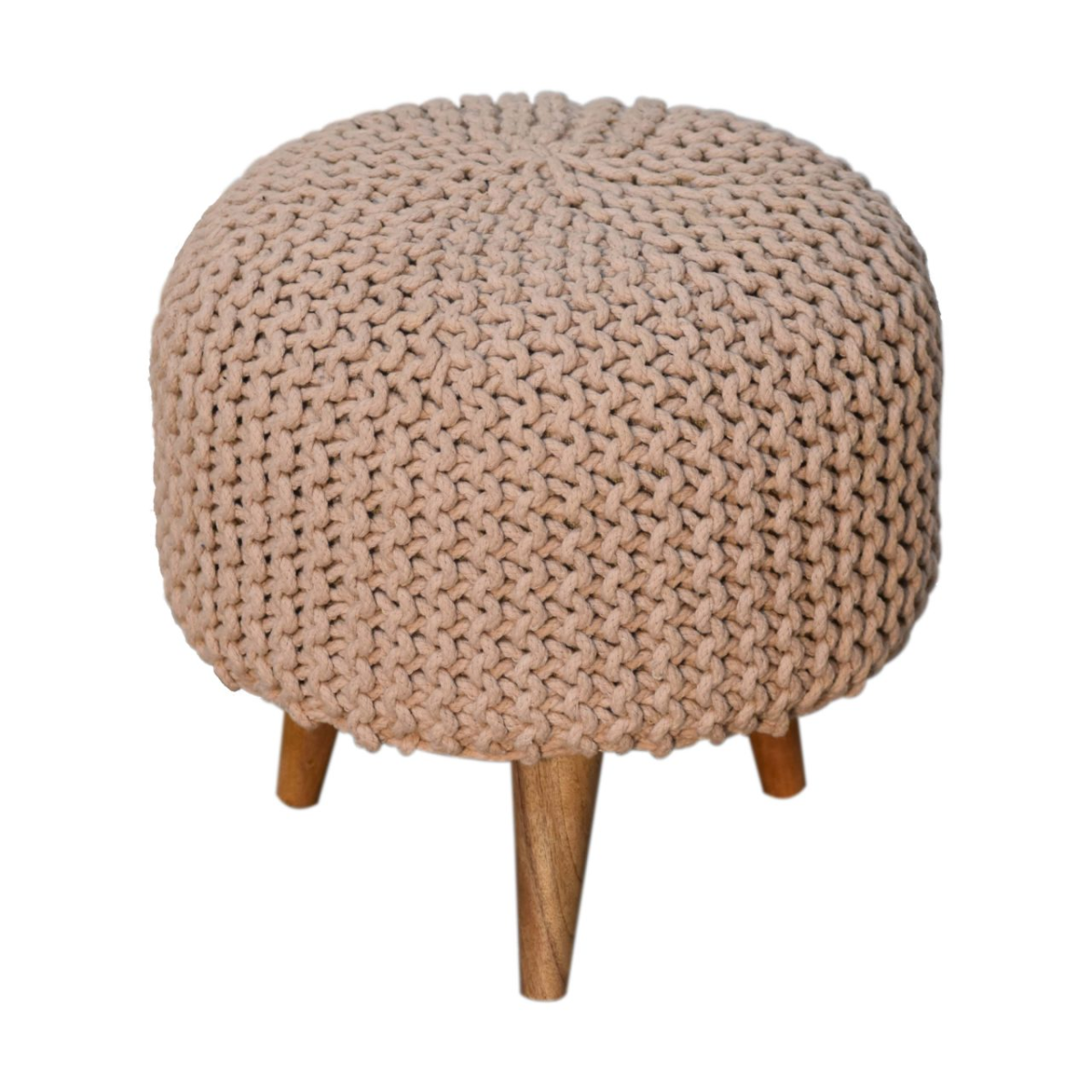Solid Mango Wood Keeva Beige Round Footstool - Image 4