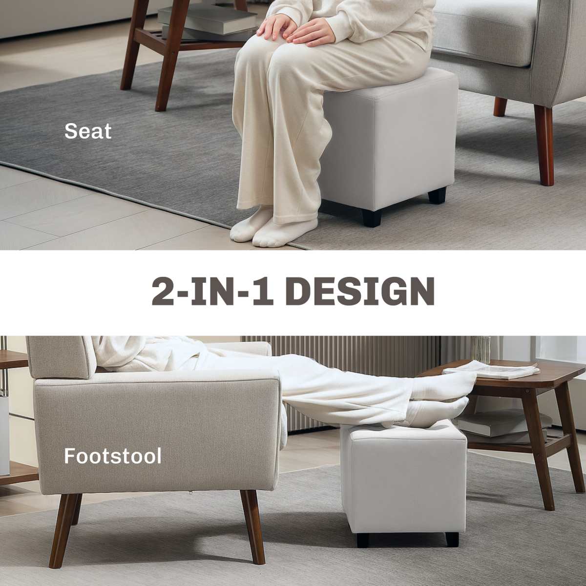 Square Footstool Small Ottoman w/ Wood Legs for Bedroom Light Grey - Image 3