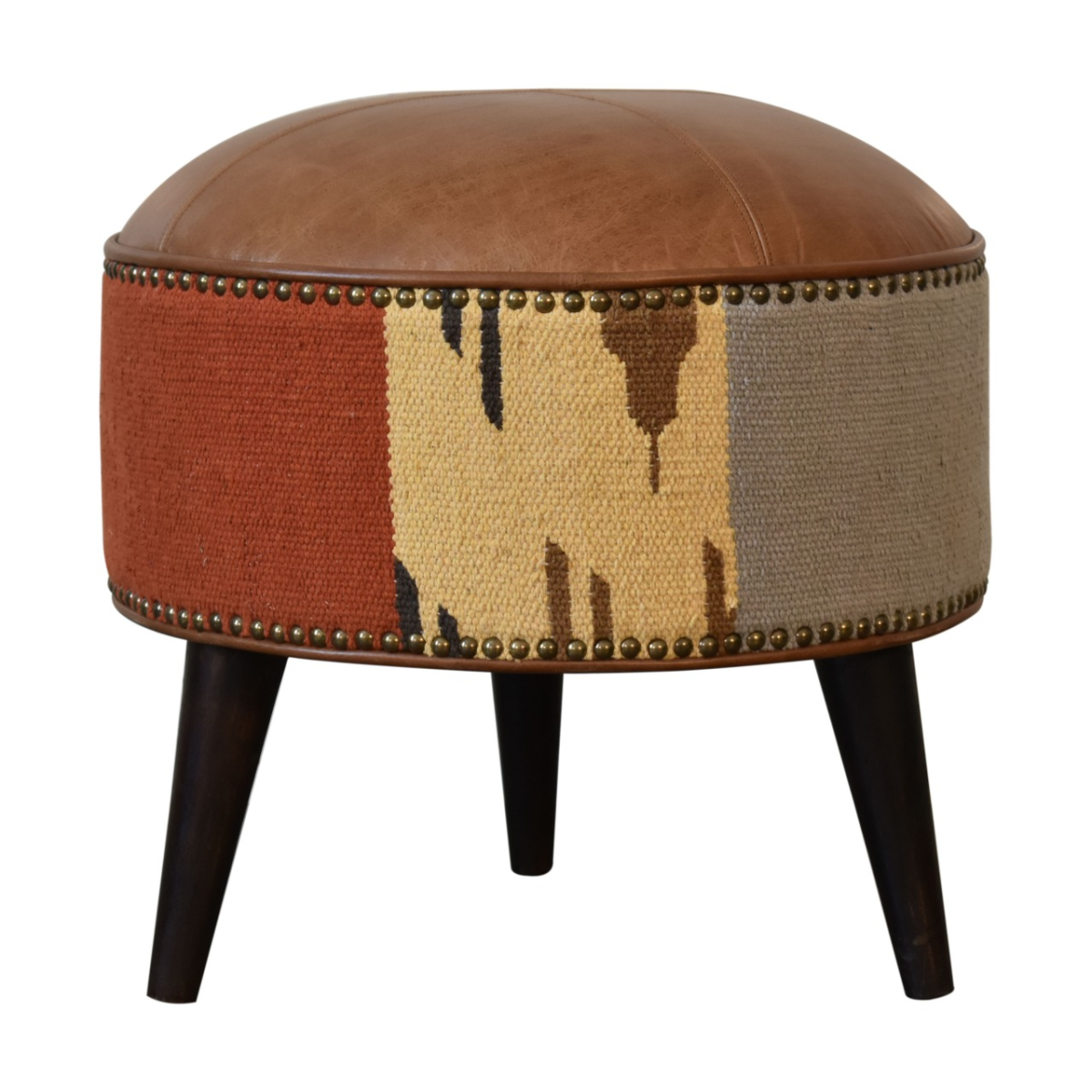 Solid Wood Durrie & Leather Mixed Footstool - Image 4