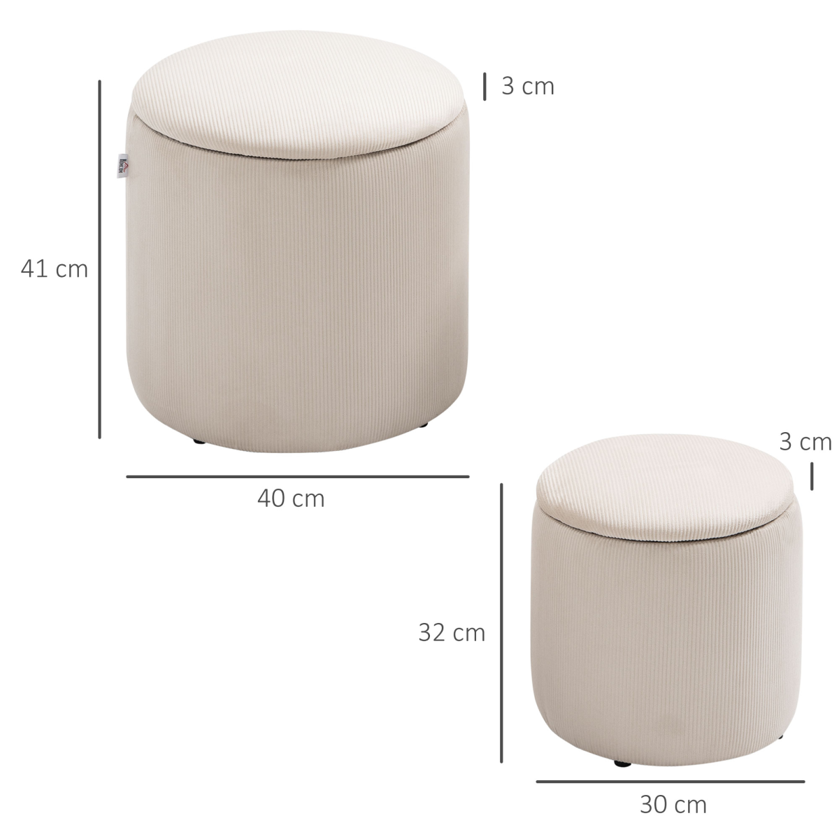 Modern Fabric Storage Ottoman with Removable Lid, Set of 2, Cream White - Image 3