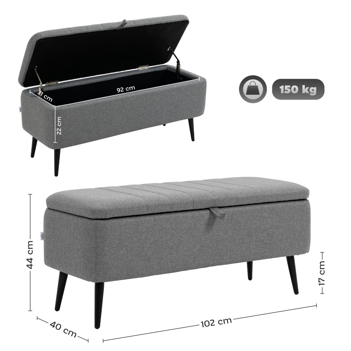 Storage Ottoman Bench, Linen Fabric Footstool with Steel Legs Grey - Image 3