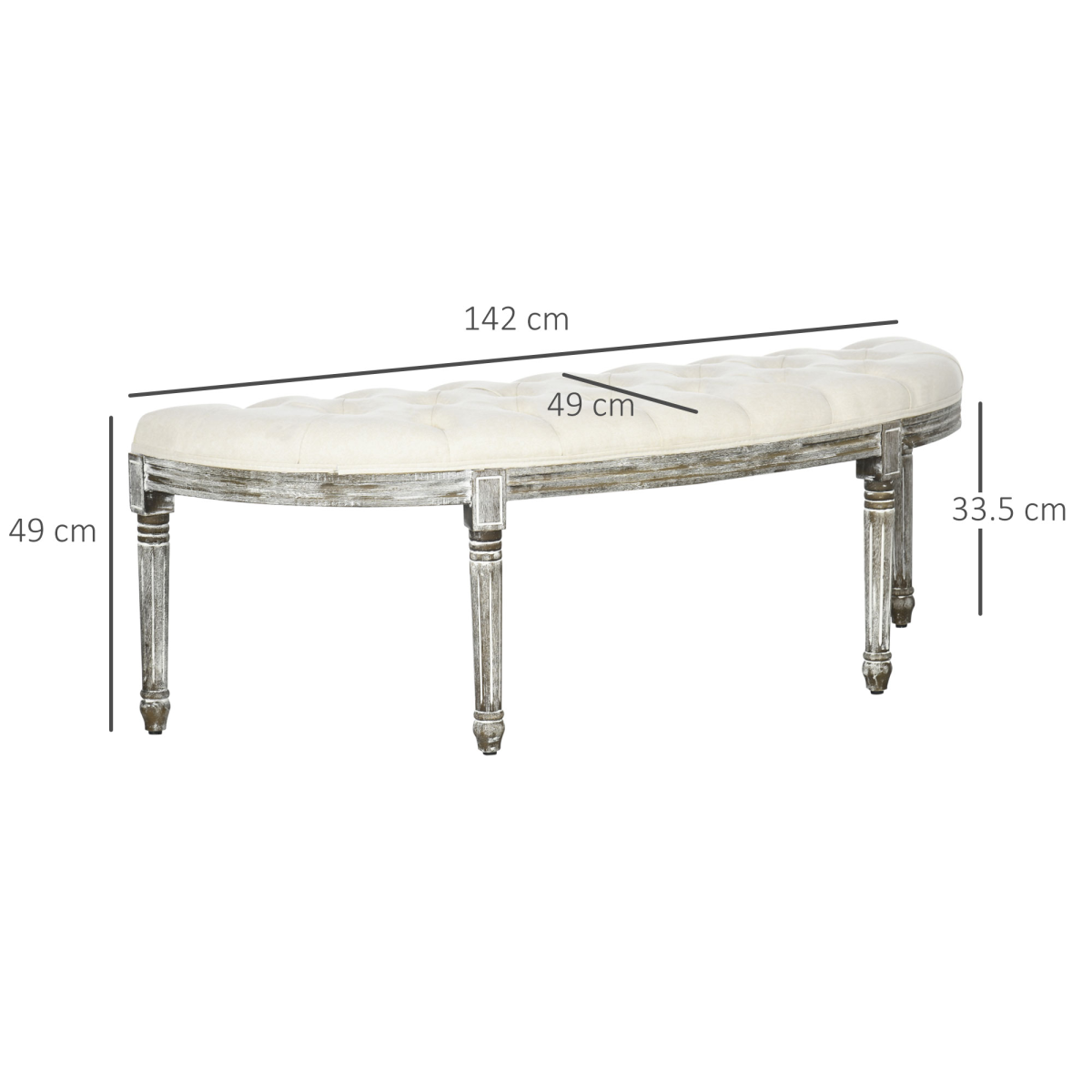 Half-Circle End Bench Ottoman Footstool Button Tufting Padded Seat Cream - Image 3
