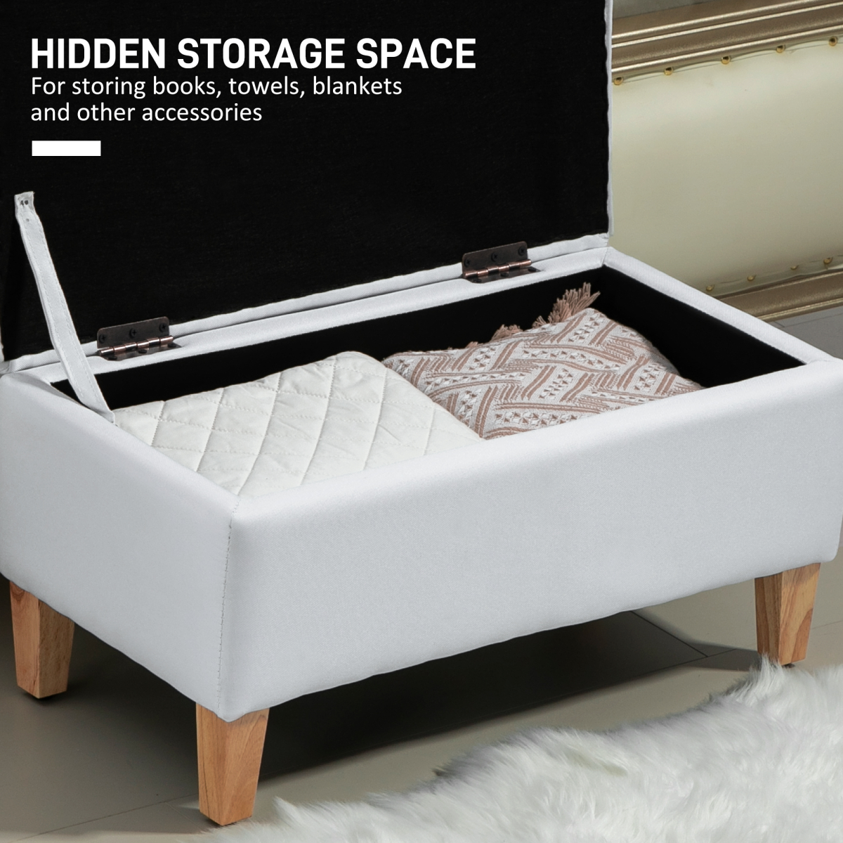 Linen Storage Ottoman Storage Box Footstool with Rubberwood Legs Cream - Image 4