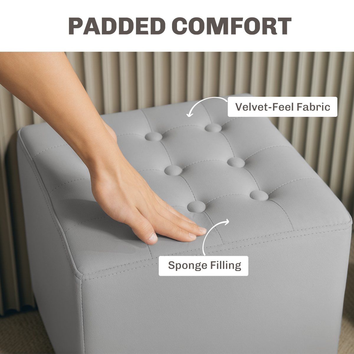 Square Footstool Small Ottoman w/ Wood Legs for Bedroom Light Grey - Image 4