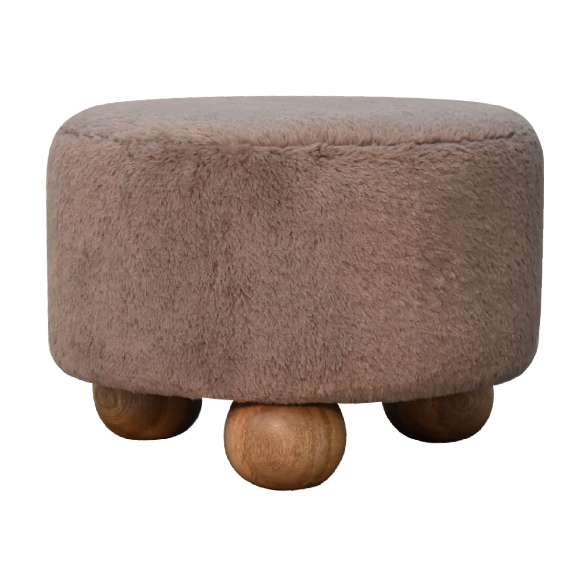 Solid Mango Wood Mocha Faux Fur Round Ball Footstool - Image 5