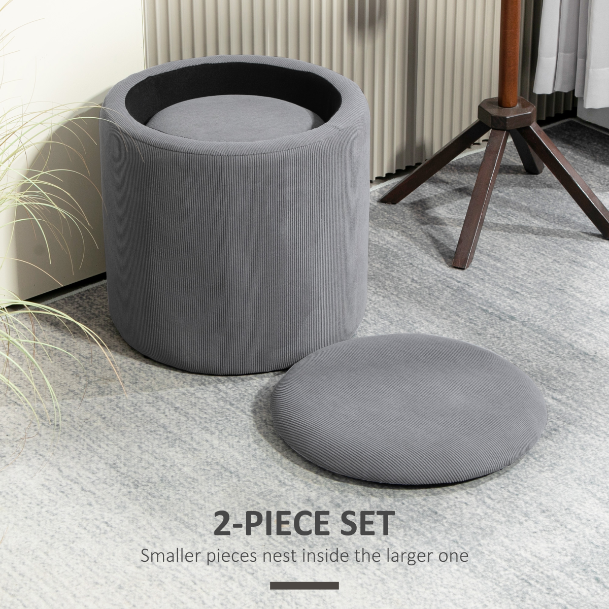 Fabric Storage Ottoman with Removable Lid, Set of 2, Light Grey - Image 4