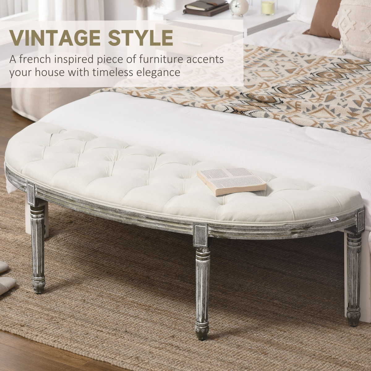 Half-Circle End Bench Ottoman Footstool Button Tufting Padded Seat Cream - Image 4