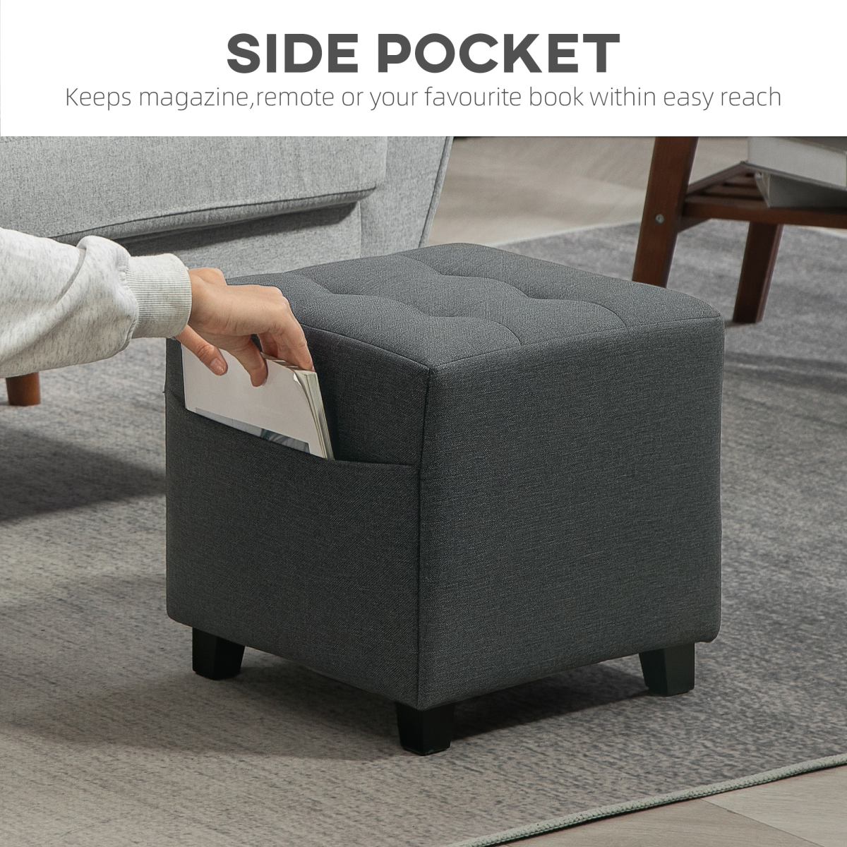 Small Footstool Square Ottoman with Padded Seat for Living Room Grey - Image 5