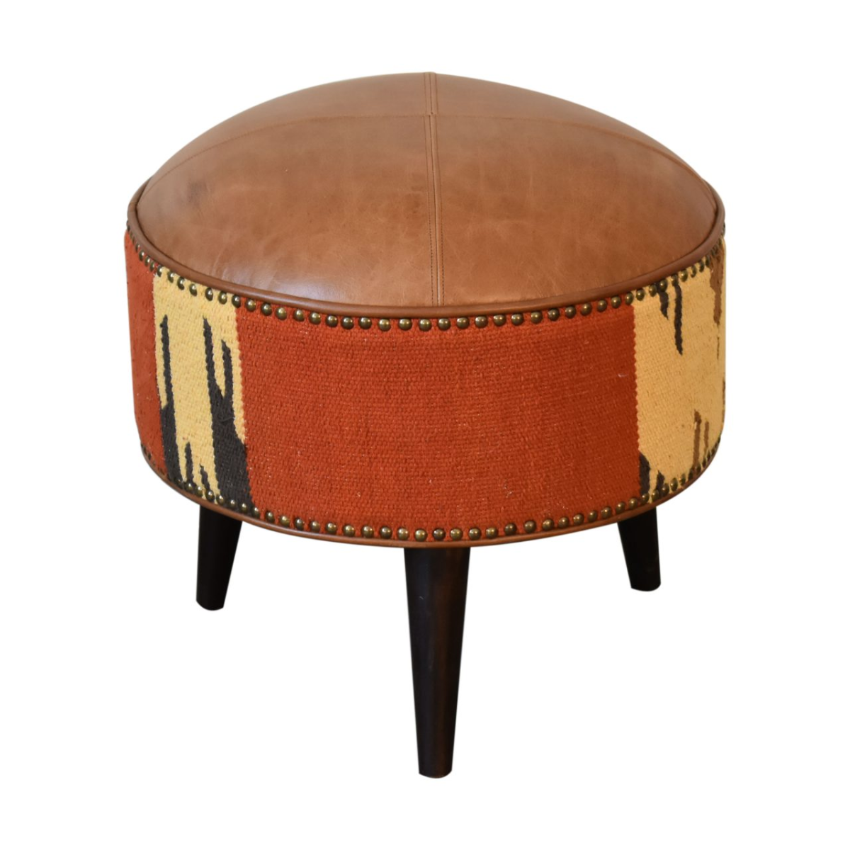 Solid Wood Durrie & Leather Mixed Footstool - Image 6