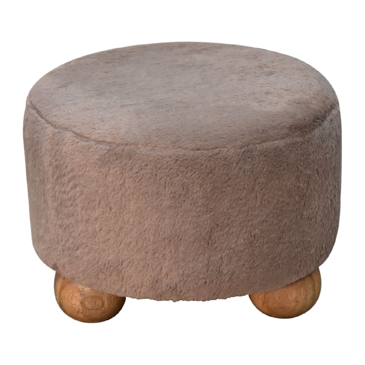 Solid Mango Wood Mocha Faux Fur Round Ball Footstool - Image 6
