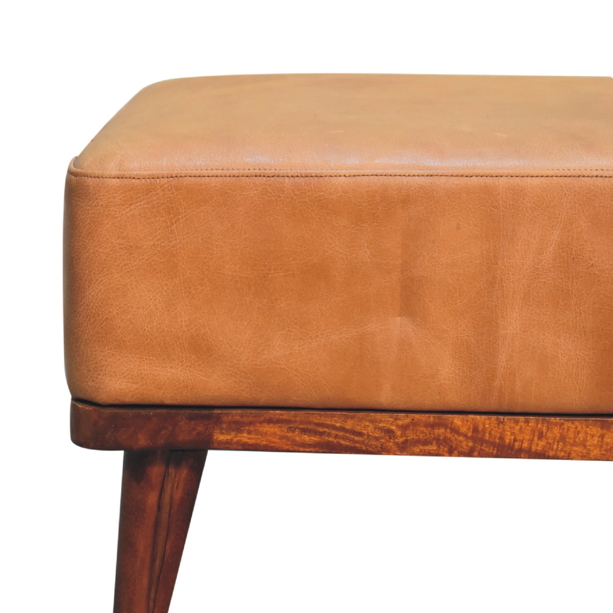 Solid Mango Wood Tan Buffalo Leather Tan Footstool - Image 6