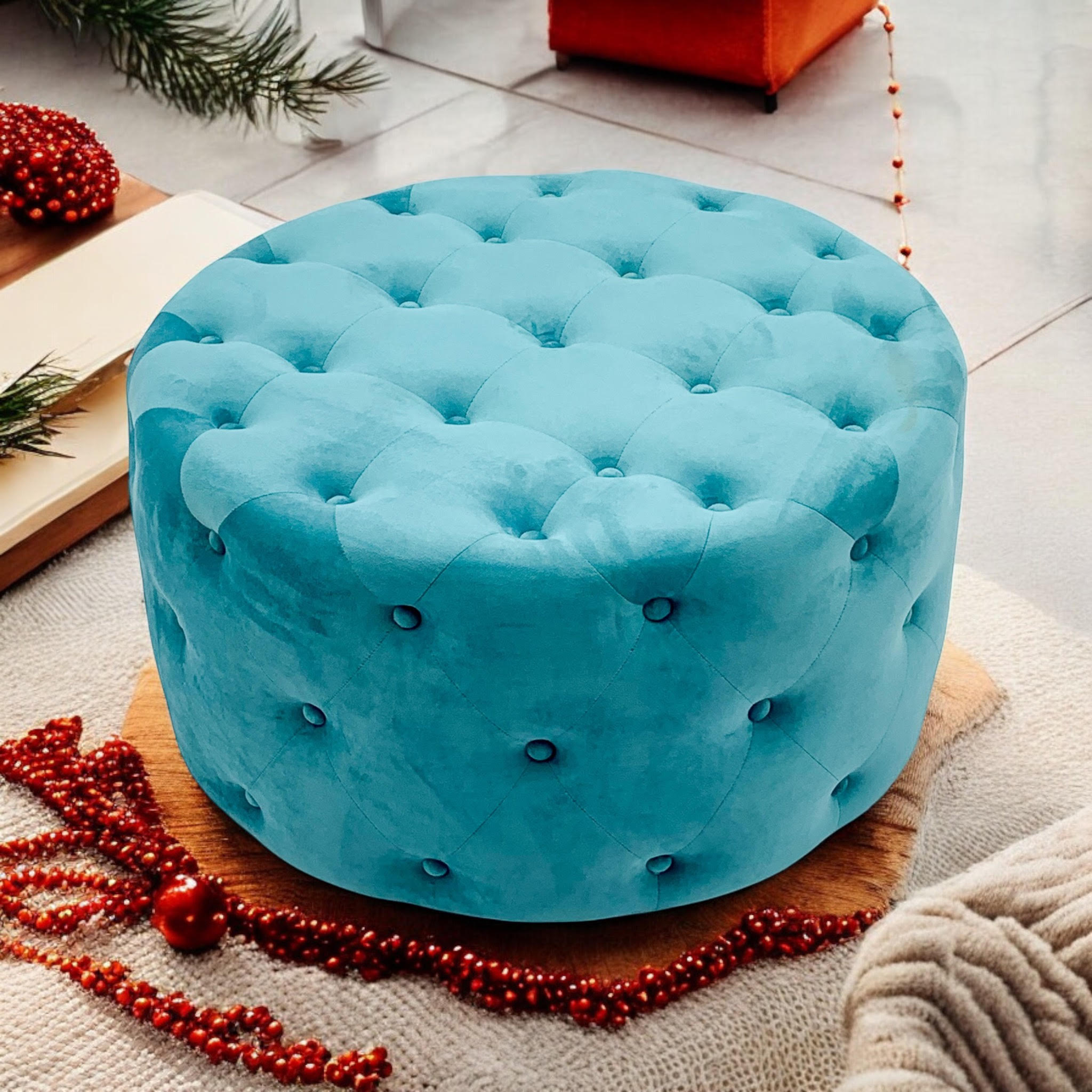 80x80cm Blue Buttoned Round Footstool - Image 2
