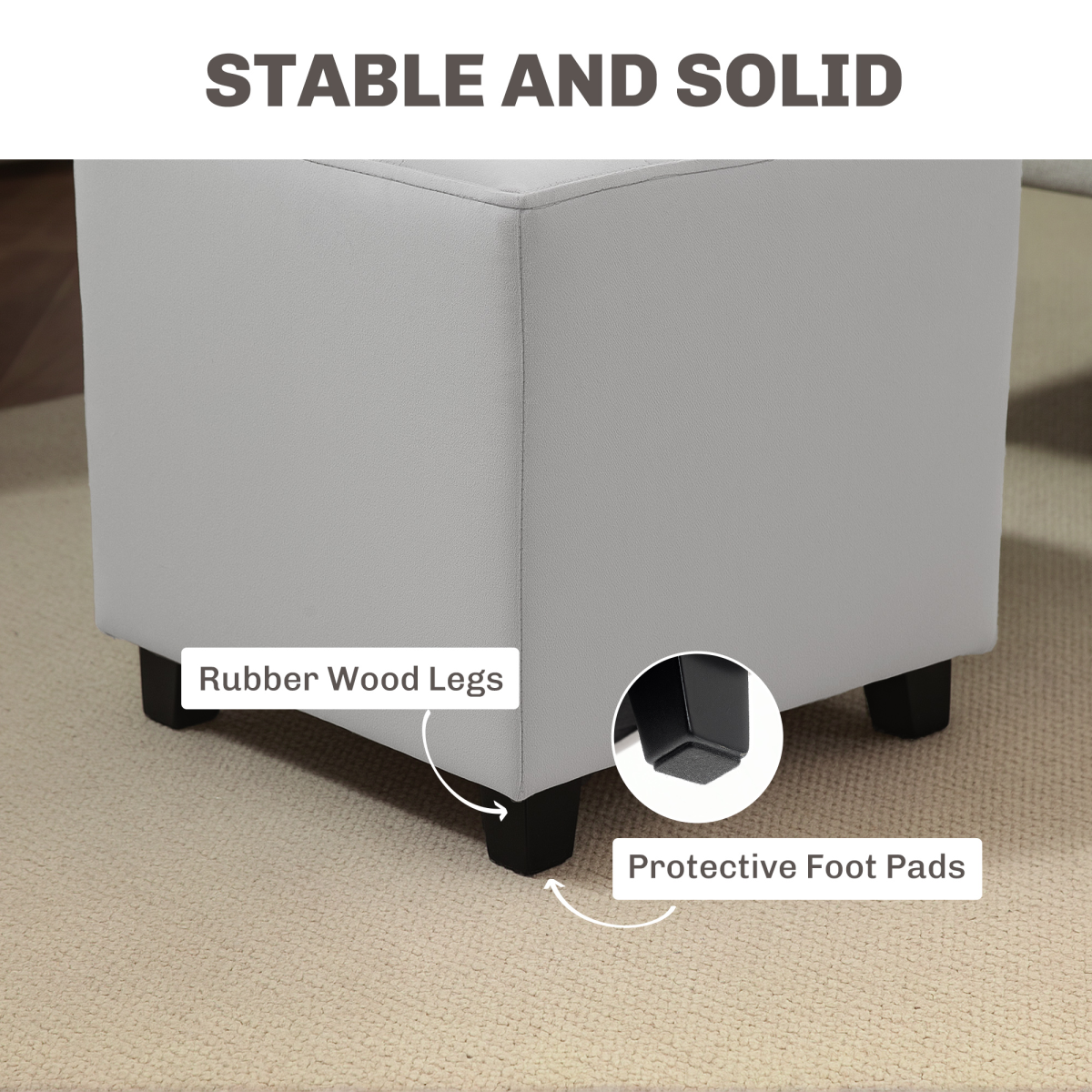 Square Footstool Small Ottoman w/ Wood Legs for Bedroom Light Grey - Image 6