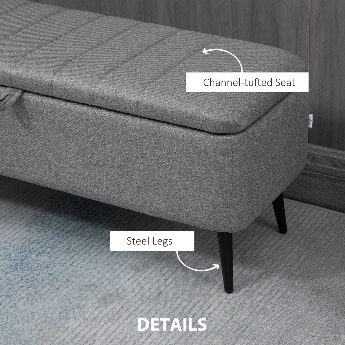Storage Ottoman Bench, Linen Fabric Footstool with Steel Legs Grey - Image 6