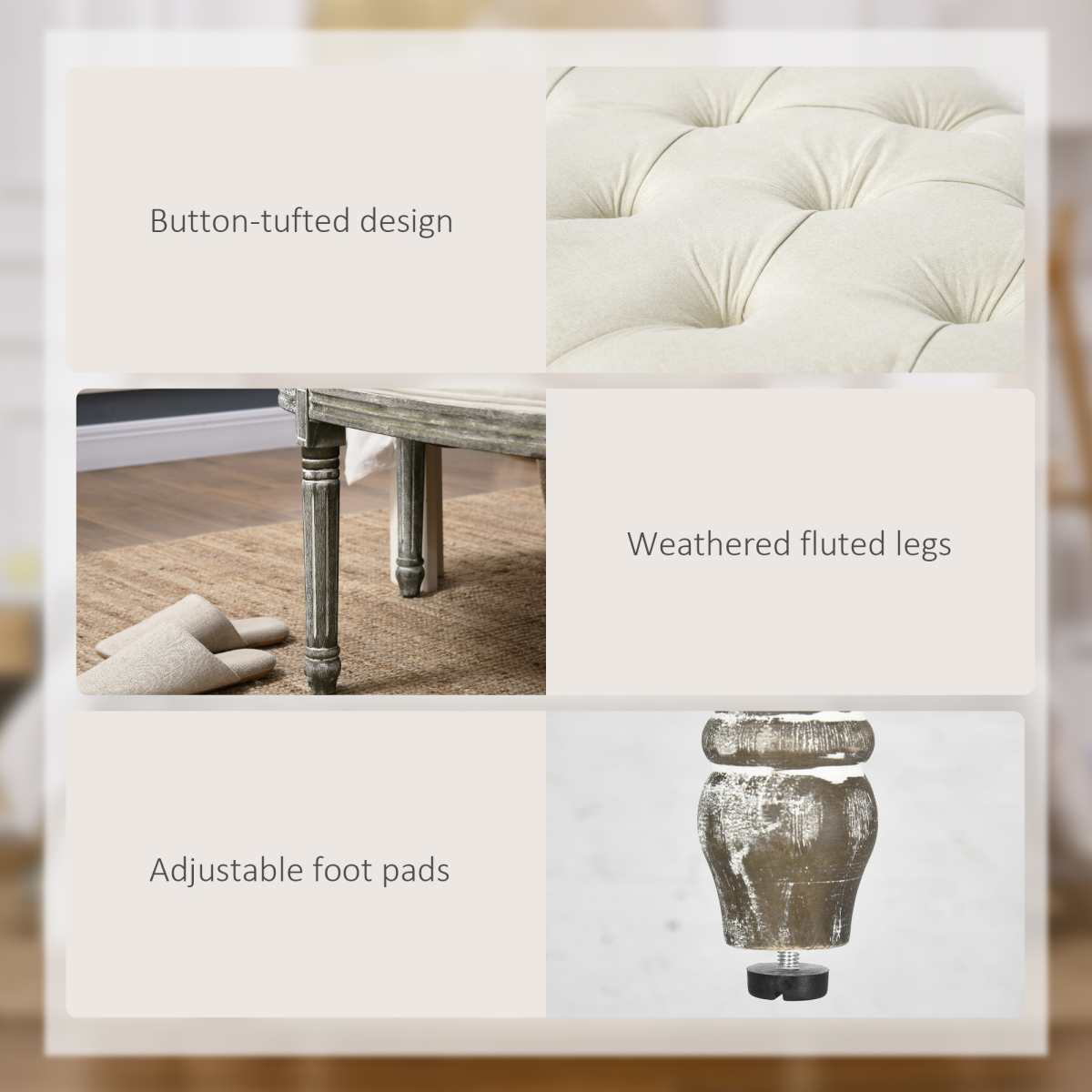 Half-Circle End Bench Ottoman Footstool Button Tufting Padded Seat Cream - Image 6