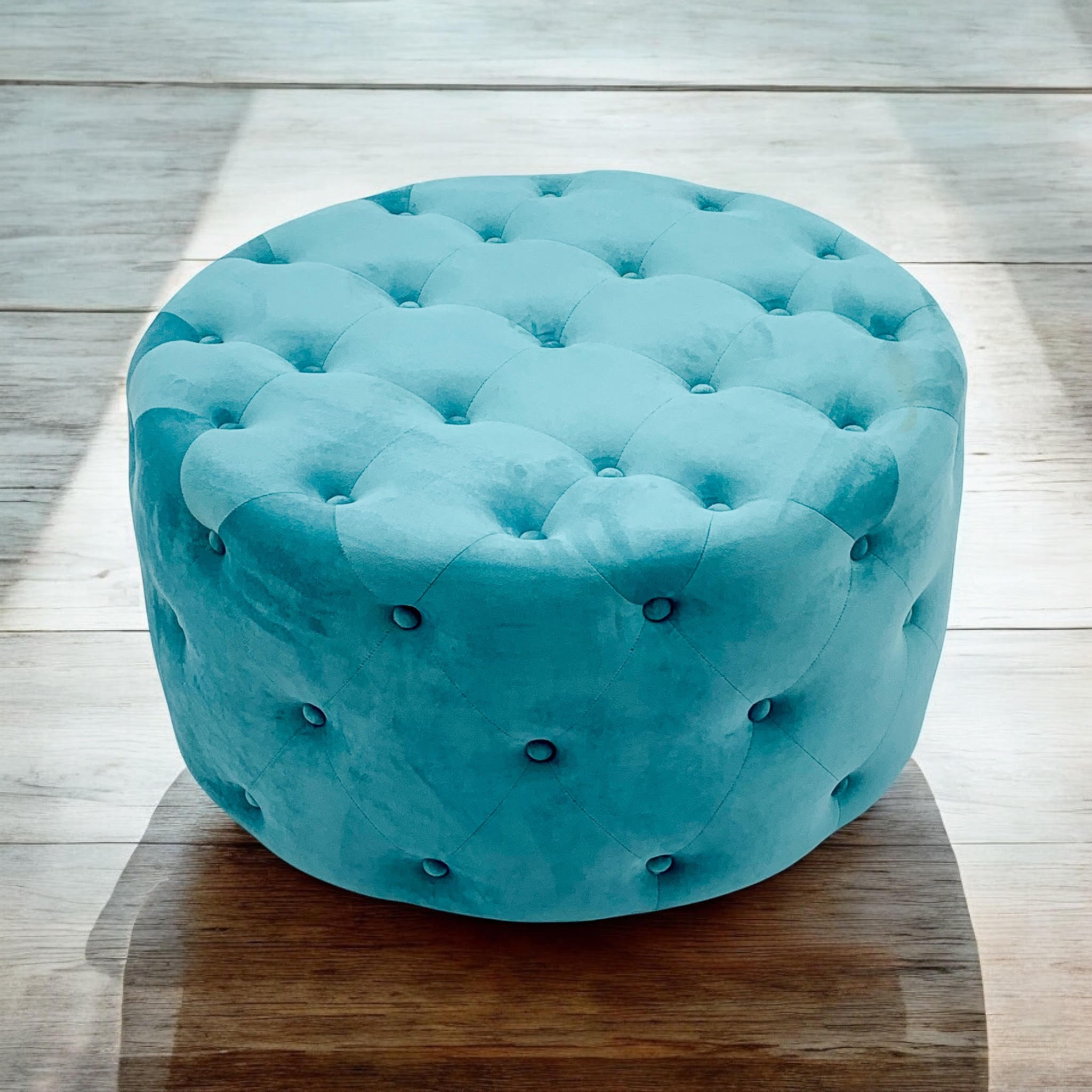80x80cm Blue Buttoned Round Footstool - Image 4