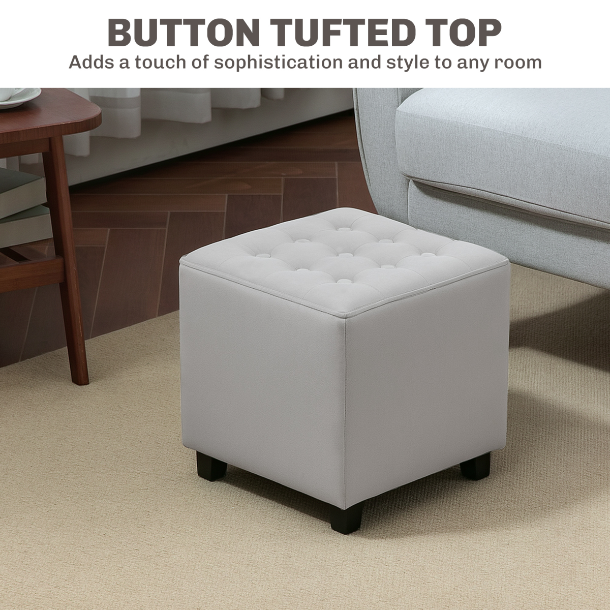 Square Footstool Small Ottoman w/ Wood Legs for Bedroom Light Grey - Image 7