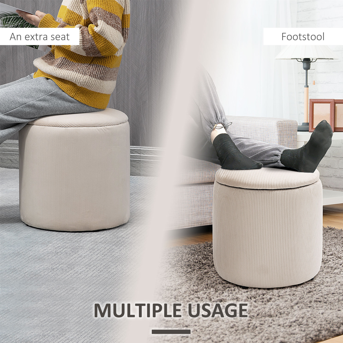 Modern Fabric Storage Ottoman with Removable Lid, Set of 2, Cream White - Image 8