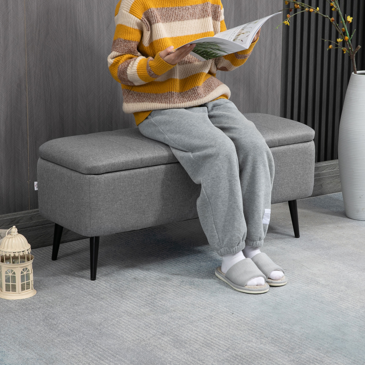 Storage Ottoman Bench, Linen Fabric Footstool with Steel Legs Grey - Image 8