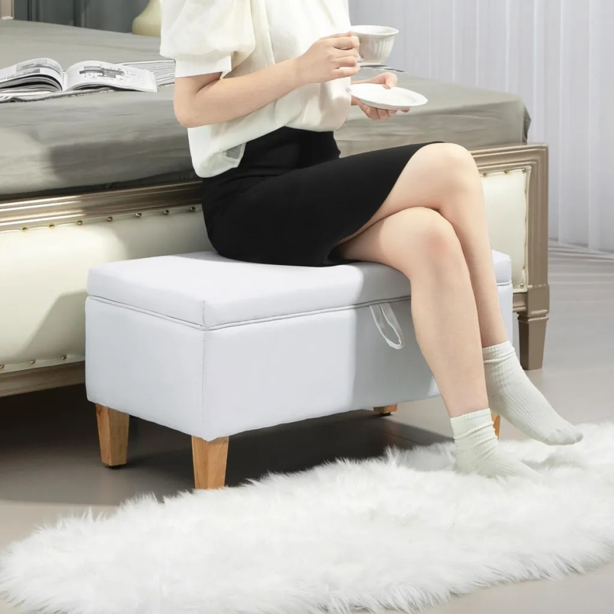 Linen Storage Ottoman Storage Box Footstool with Rubberwood Legs Cream - Image 8