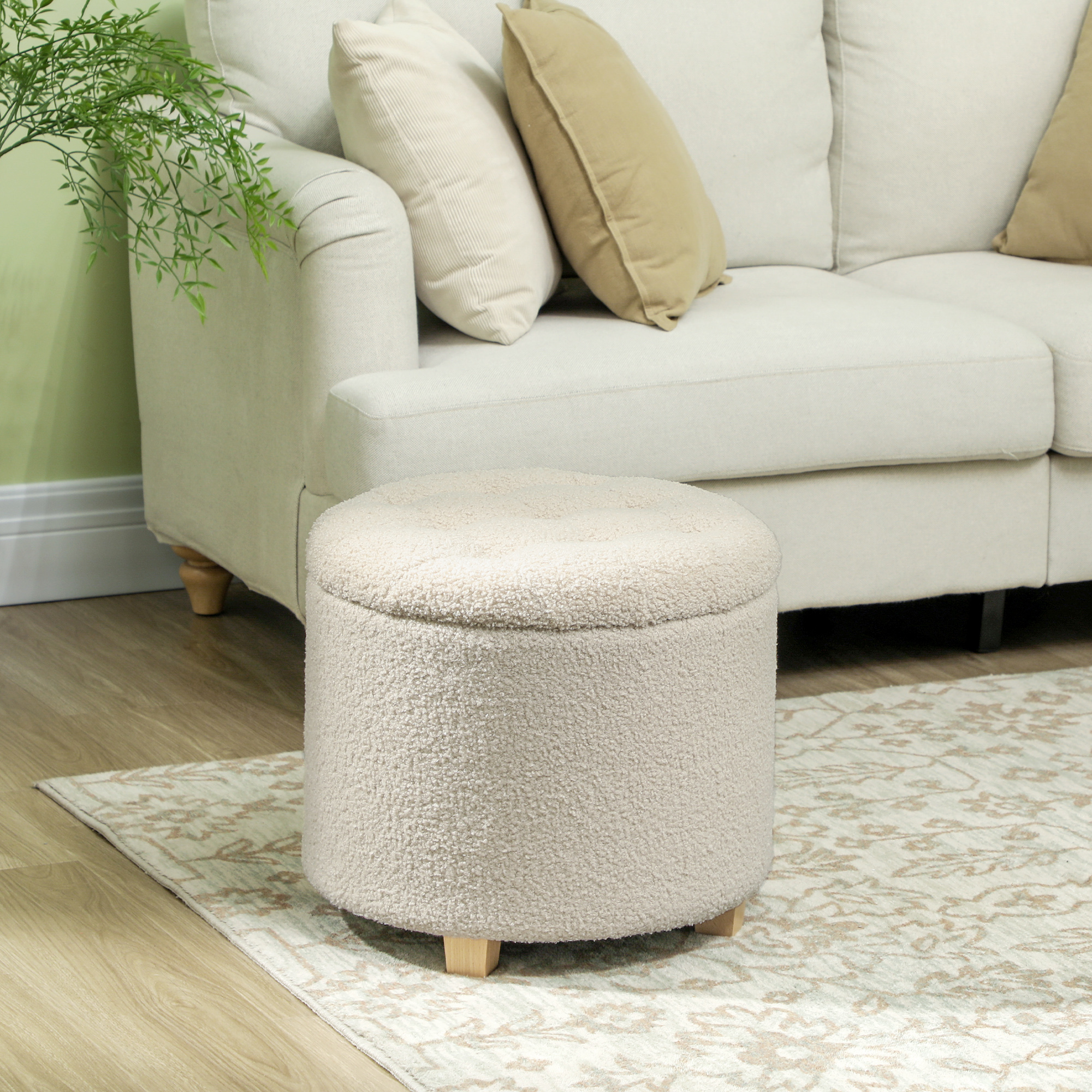 45cm Round Ottoman with Storage, Lid, Cashmere Footstool, Cream White - Image 2