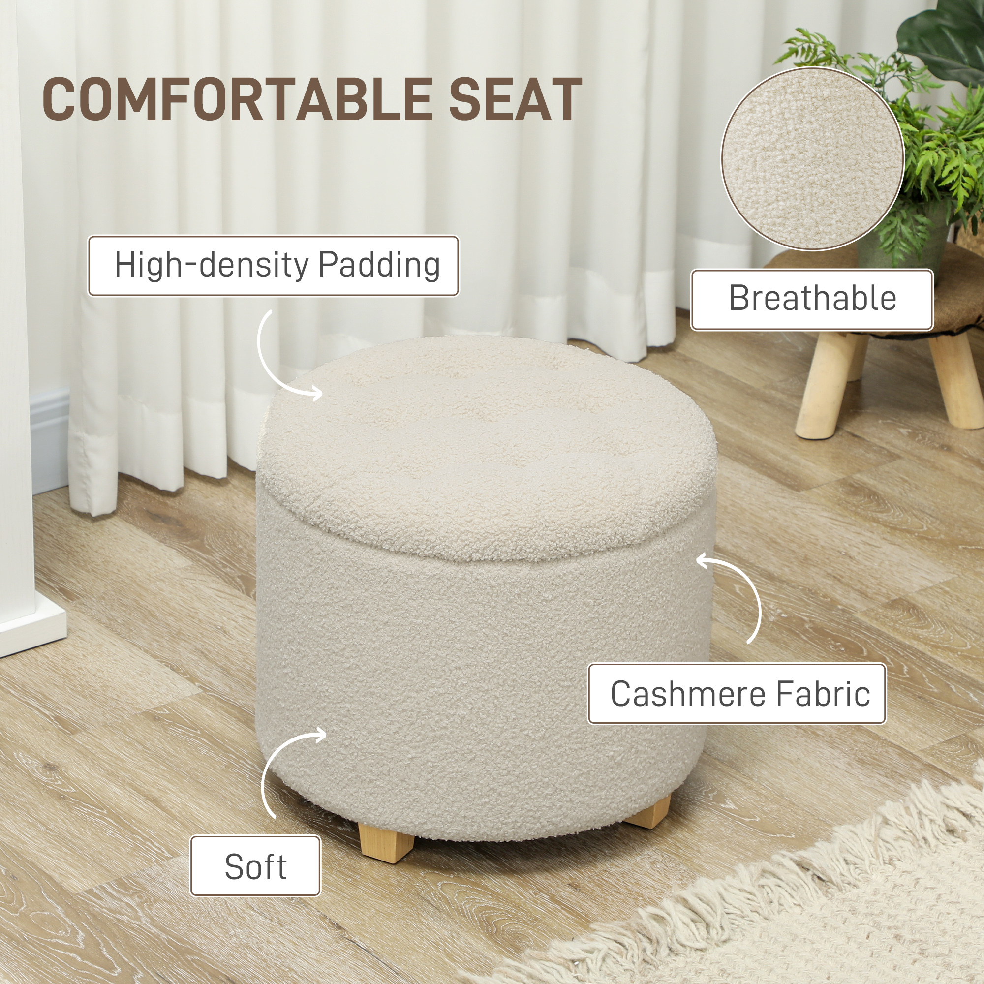 45cm Round Ottoman with Storage, Lid, Cashmere Footstool, Cream White - Image 4