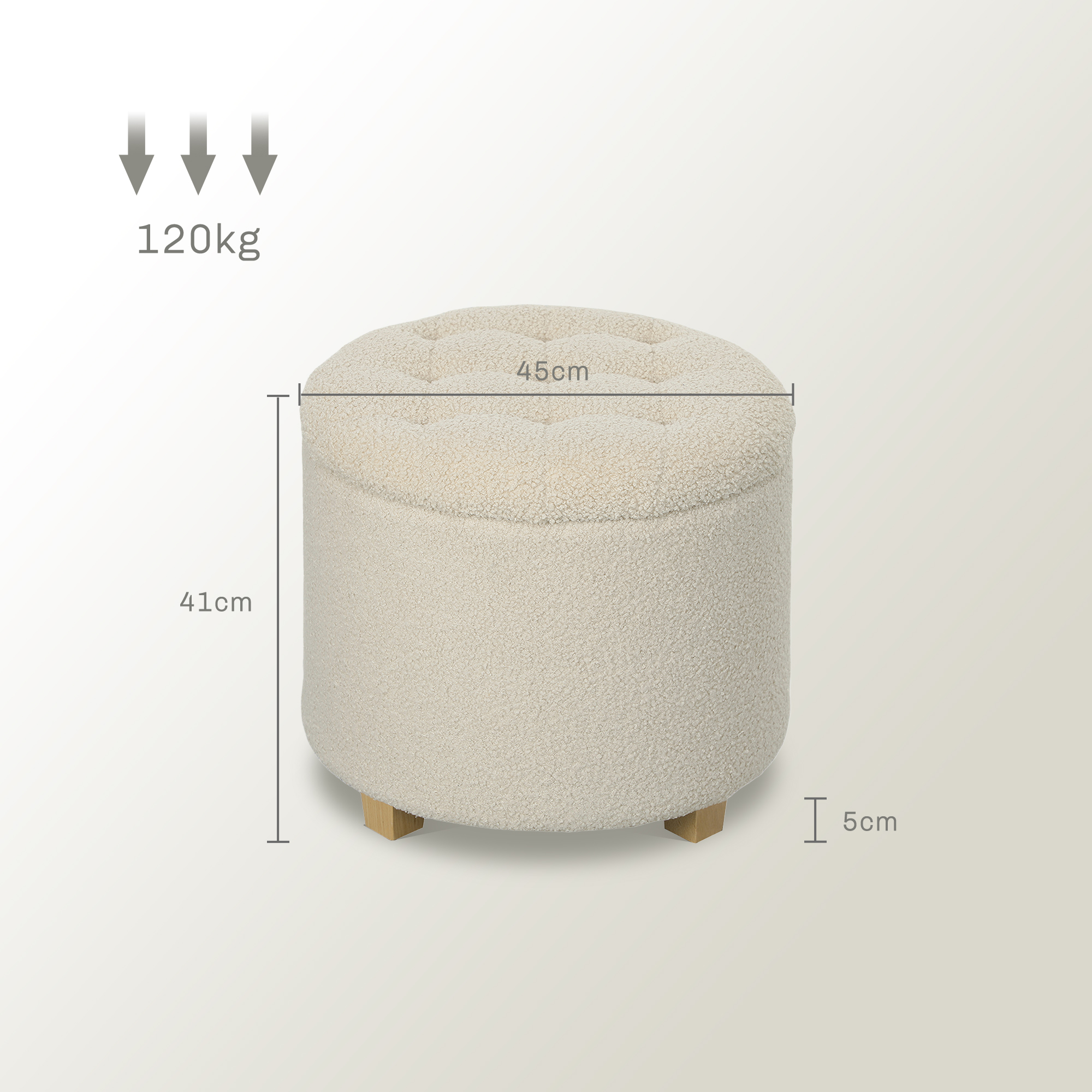 45cm Round Ottoman with Storage, Lid, Cashmere Footstool, Cream White - Image 5