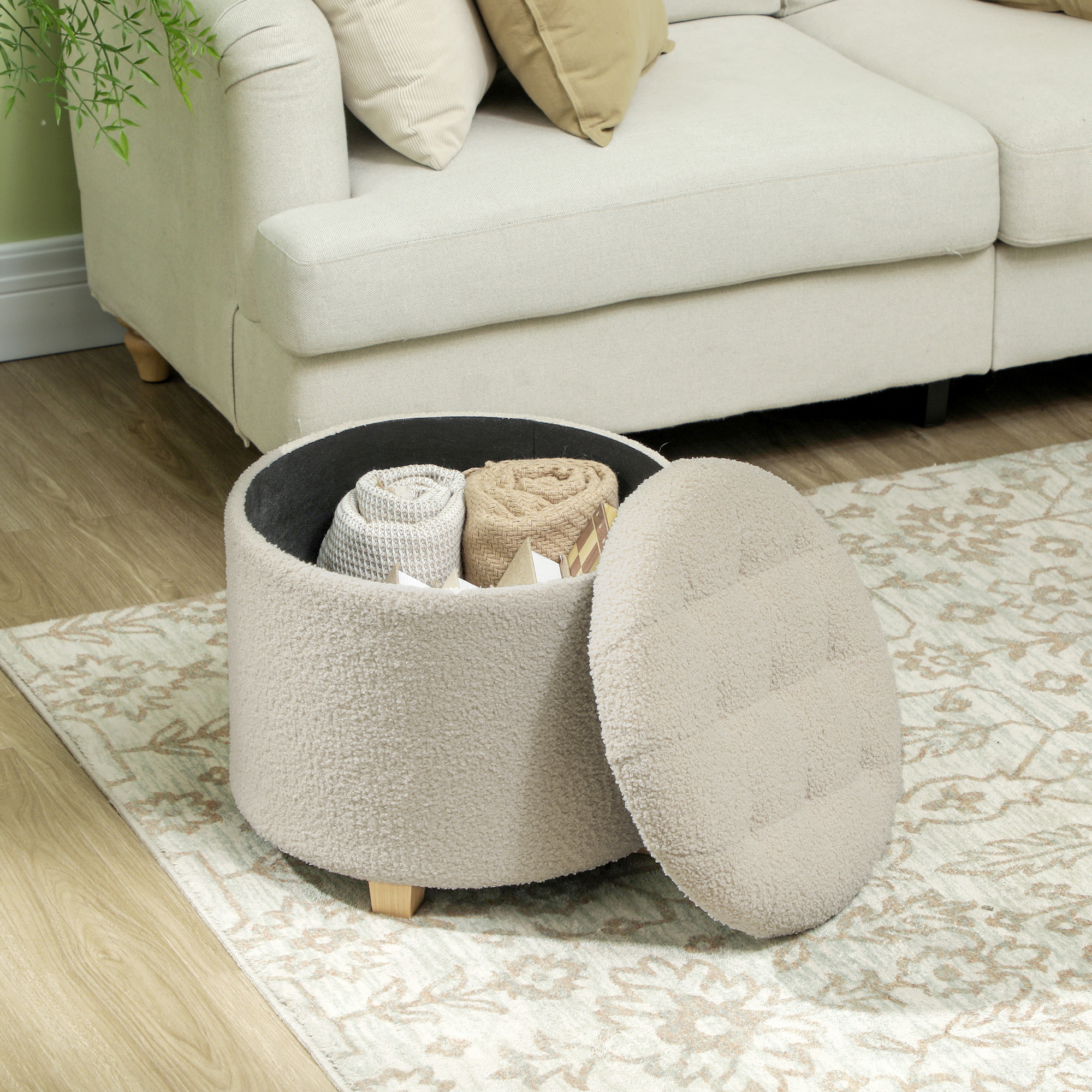45cm Round Ottoman with Storage, Lid, Cashmere Footstool, Cream White - Image 7