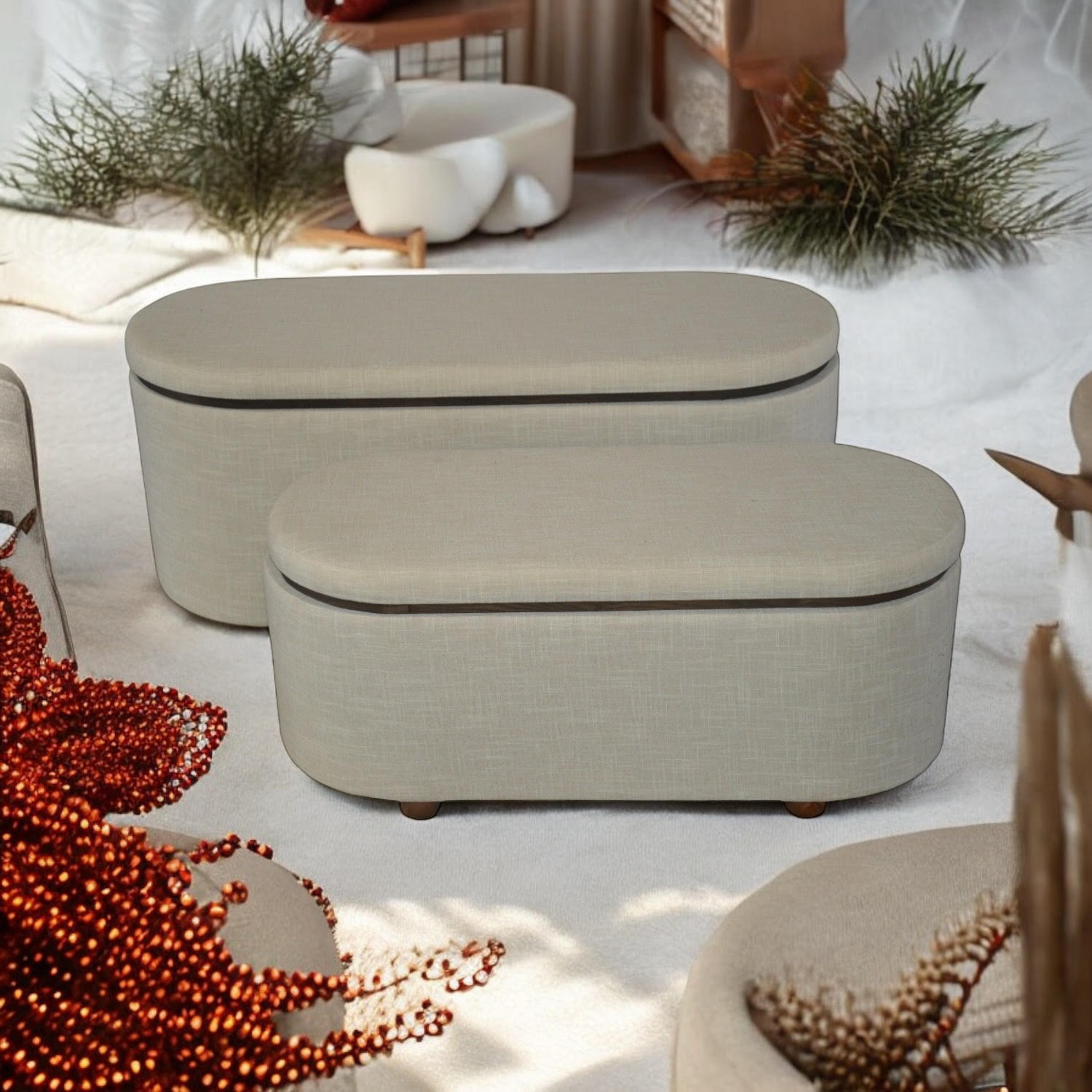 110/90cm Set 2 Wooden Ottoman - Image 3