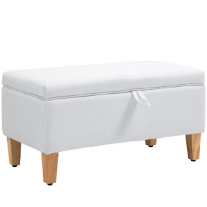HOMCOM Linen Storage Ottoman Storage Box Footstool with Rubberwood Legs Cream