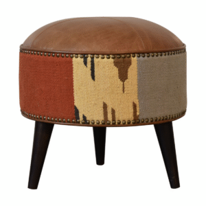 Solid Wood Durrie & Leather Mixed Footstool