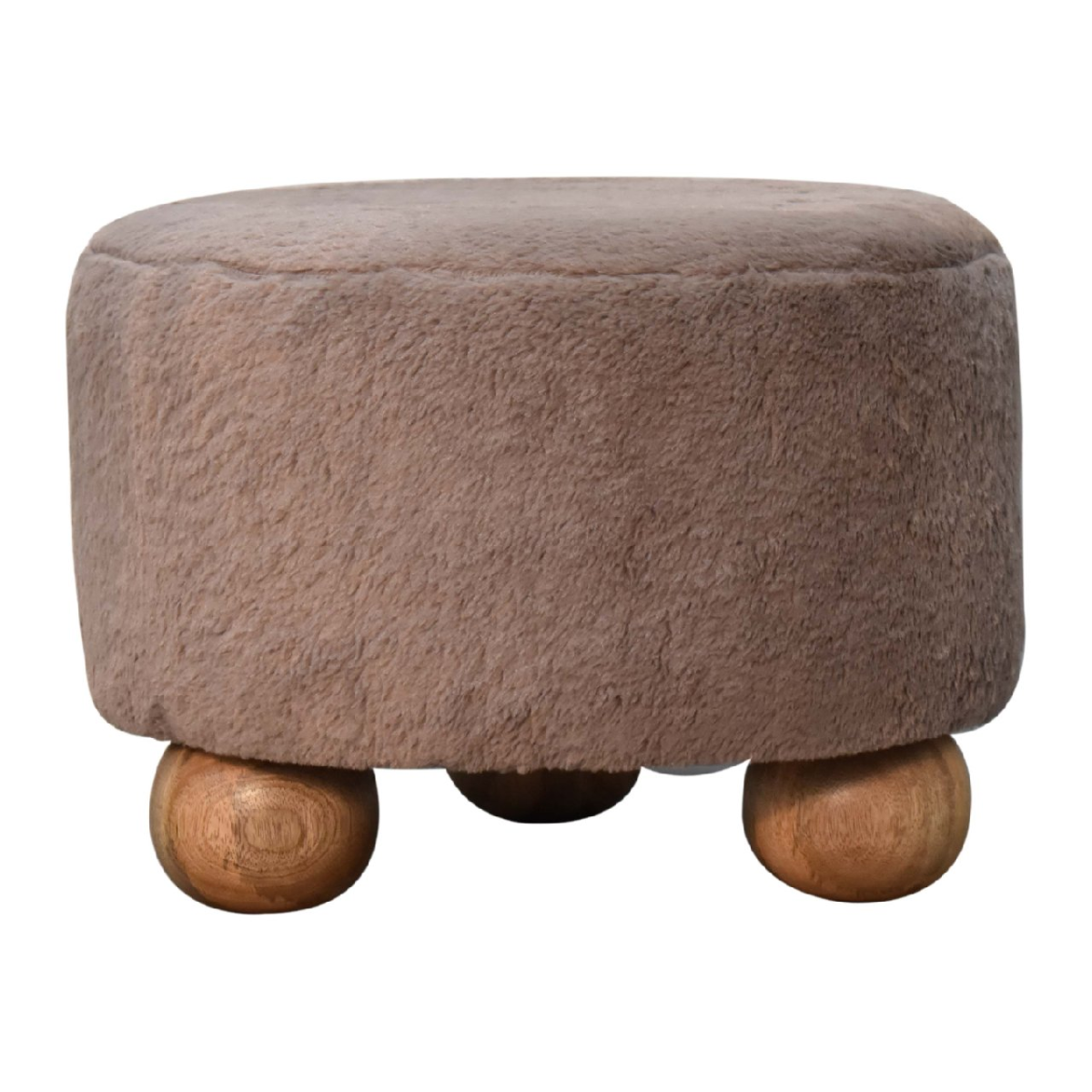 Solid Mango Wood Mocha Faux Fur Round Ball Footstool